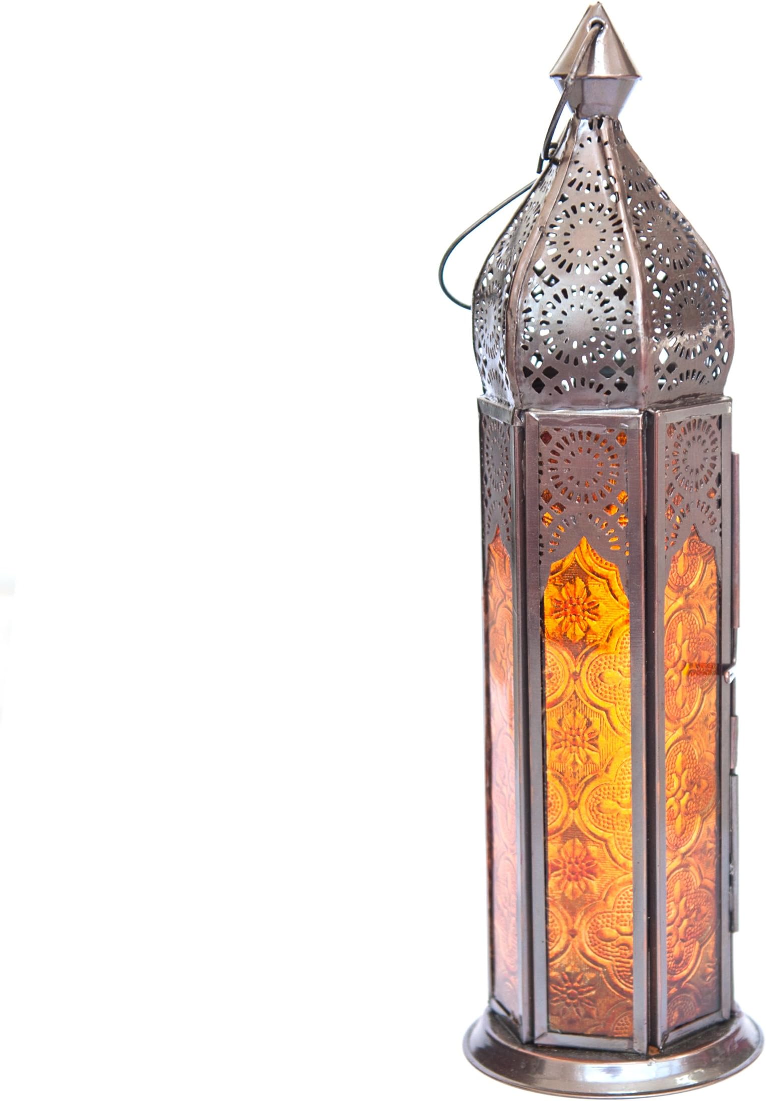 Insideretail Ltd Moroccan Style Lantern with a Copper Antique Finish and Orange Glass, 7cm x 7cm x 30cm, Set of 2, Metal, 7 x 7 x 30 cm