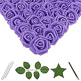 Vignor 100 Pcs 3 Inch Artificial Flowers Bulk 5 in 1 Set Faux Foam Fake Rose Head Wedding Decoration Bridal Shower Centerpiece Arrangement Wall Table Decor DIY Craft (Purple)