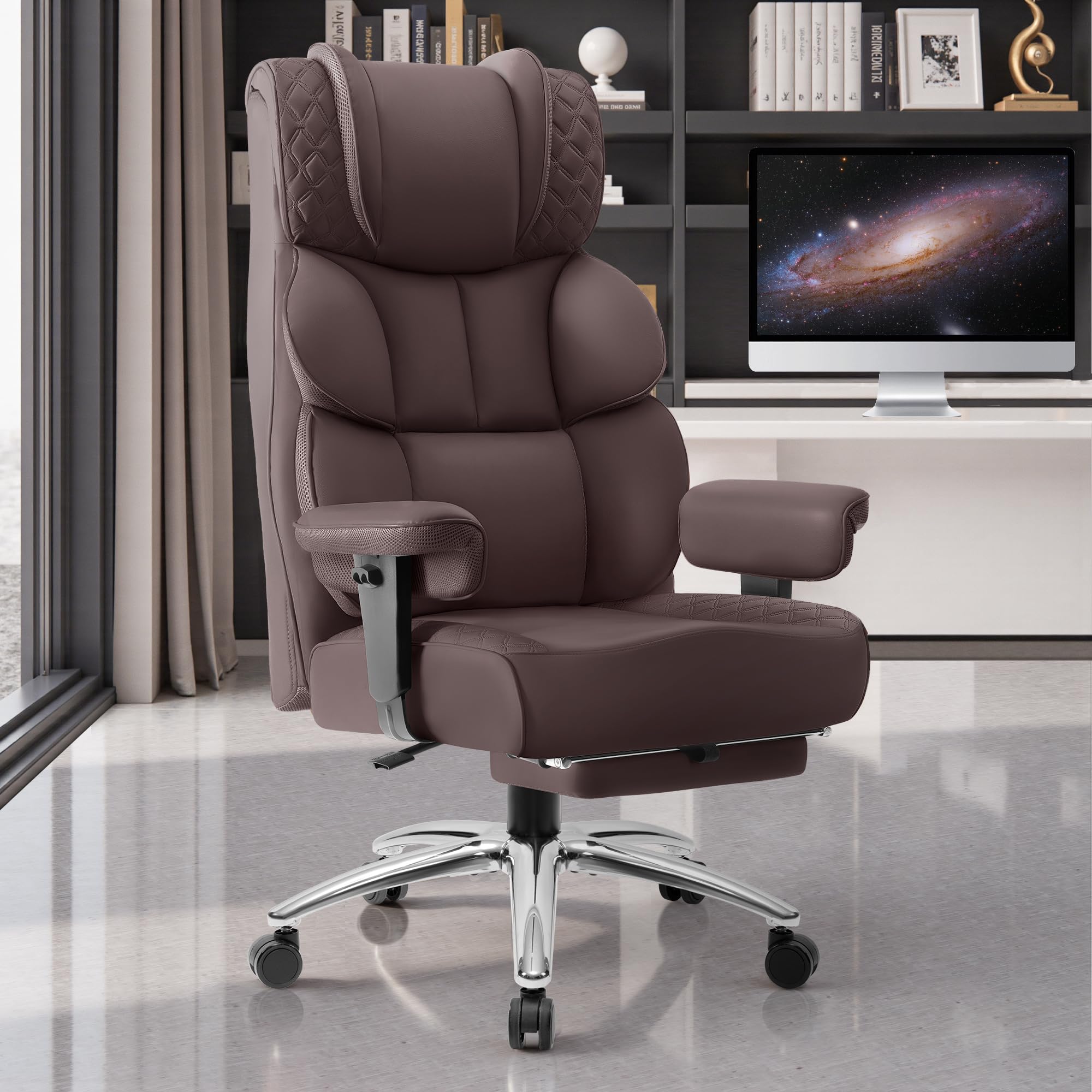 BestGlory Silla de escritorio de oficina, silla de juegos de cuero grande y alta con reposapiés, amplias y ergonómicas, cómodas sillas ejecutivas reclinables para computadora con respaldo alto, ruedas giratorias y soporte lumbar acolchado, café