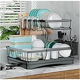 7 code Large Dish Drying Rack for Kitchen Counter, Detachable Large Capacity Dish Drainer Organizer, 2-Tier Dish Racks with Utensil Holder, Black