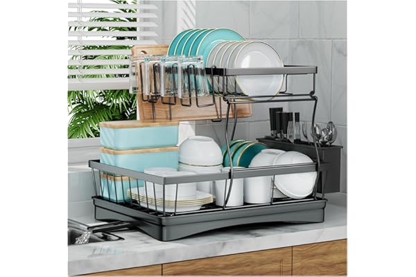 7 code Large Dish Drying Rack for Kitchen Counter,Detachable Large Capacity Dish Drainer Organizer with Utensil Holder,2-Tier