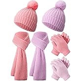 JaGely 2 Sets Kids Winter Hat Gloves Scarf Set Girls and Boys Knit Hat with Pom Warm Scarf Snow Gloves for 3-10 Years Toddler