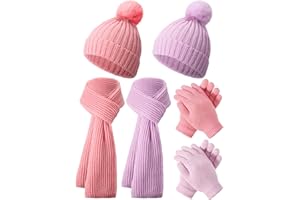 JaGely 2 Sets Kids Winter Hat Gloves Scarf Set Girls and Boys Knit Hat with Pom Warm Scarf Snow Gloves for 3-10 Years Toddler