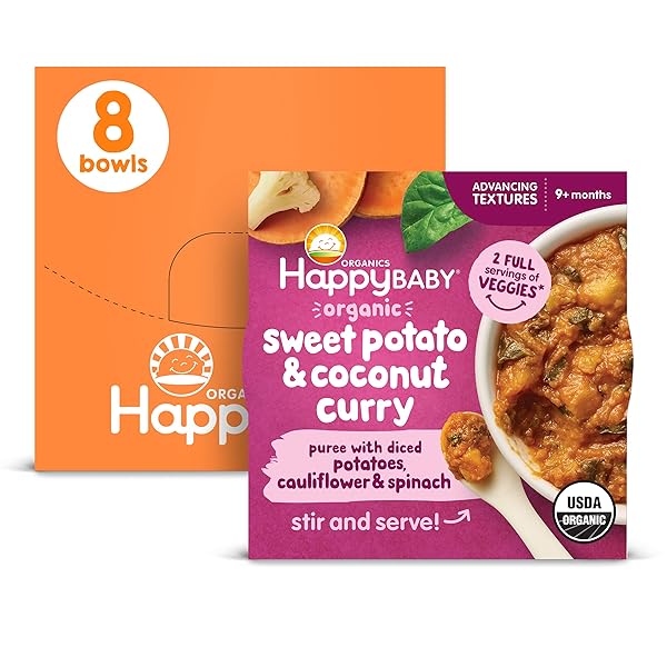 HAPPY BABY ORGANICS BABY FOOD, ADVANCING TEXTURES BOWL SWEET POTATO & COCONUT CURRY PUREE WITH DICED POTATOES, CAULIFLOWER & SPINACH, 4 OZ (PACK OF 8)