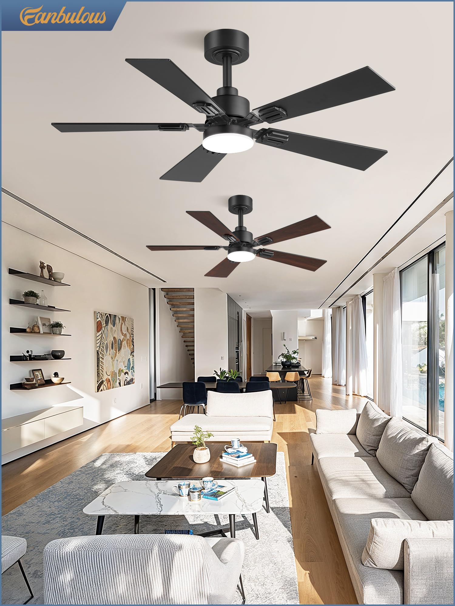 2 Pack of 42 Ceiling Fans with Lights and Remote, Modern Low Profile Ceiling Fans with Dimmable 3CCT Quiet DC Motor, Reversible Celing Fan with 6-Speeds Timer for Bedroom(Black)