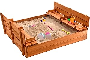 PLAY22 Large Wooden Kids Sandbox with Lid – Outdoor Sand Box for Kids with Cover Sand Protection, Foldable Bench Seats and Bottom Liner