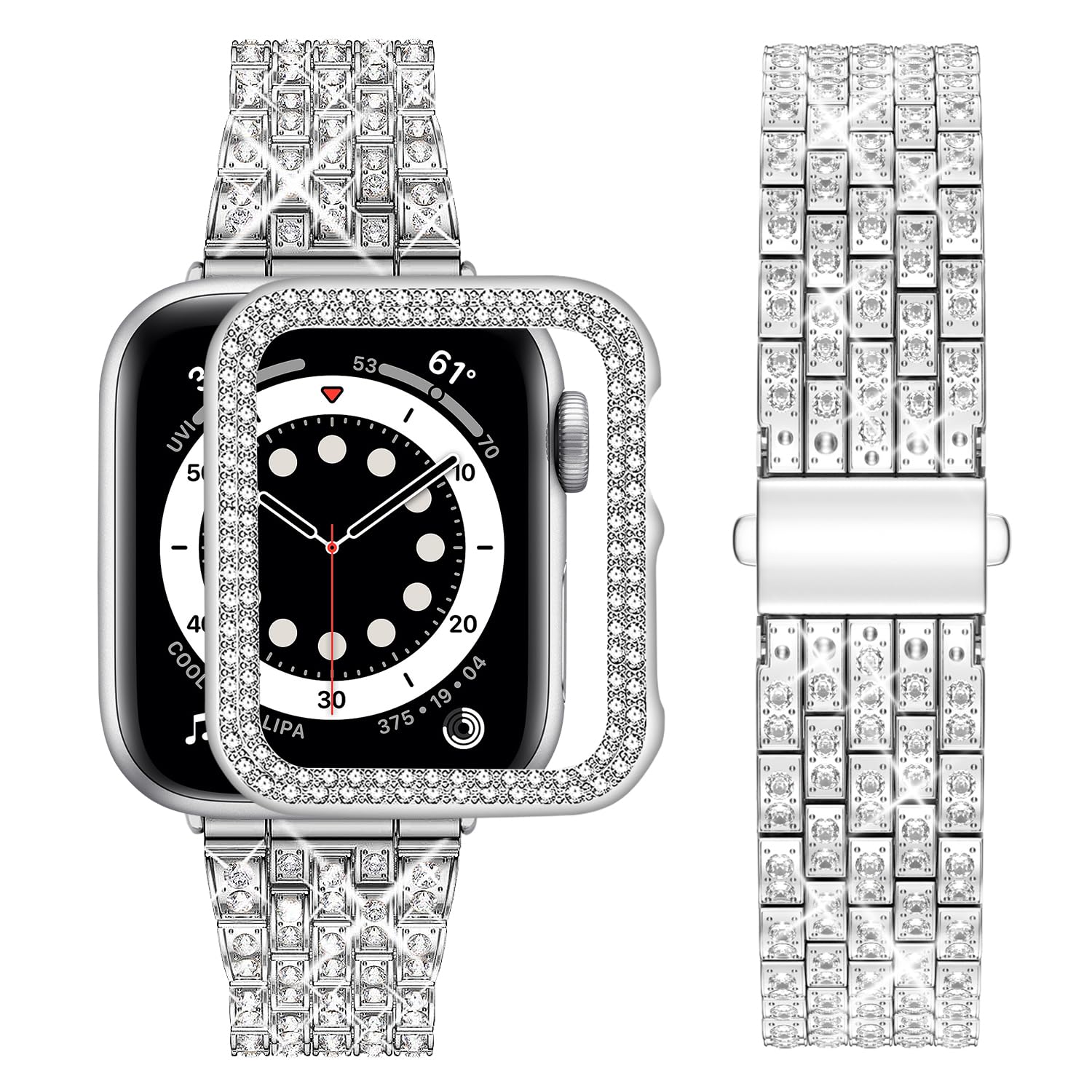 wutwuk Compatible Bling Apple Watch Straps 44mm with Bling Case, Silver Sparkling Metal Woman iWatch Replacement Strap, Diamond Rhinestone Wristband for Apple Watch SE3/2/1 Series 6/5/4 44mm-Silver