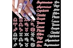 XEAOHESY 48 Pieces Pink and Silver Alloy Zodiac Nail Charms Zodiac Signs Nail Studs Constellation Words Charms for Nails Twelve Constellation Nail Charms Set for Women Girls Nail Art Decoration