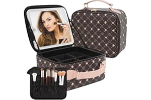 M Y U R E N Travel Makeup Bag With 360° rotating LED Mirror,Waterproof cosmetic organizer,Portability Cosmetic case,Makeup organizer,Gift for Women,Girls Gift (Coffee + Pink)