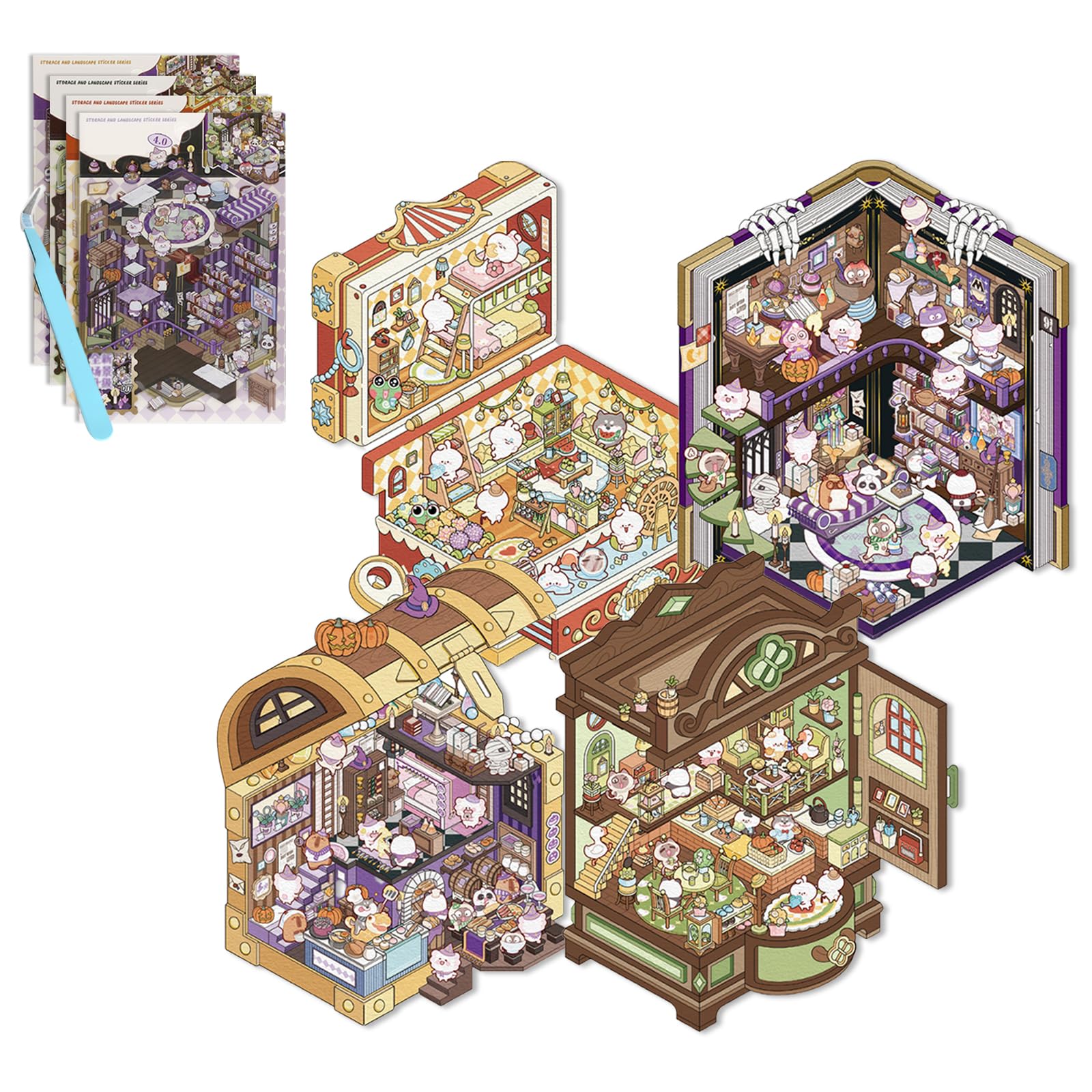 4Sets DIY 3D House Stickers Scene Make Your Own Sticker Multi Themed Magic Treasure Chest Funny Cartoon Scene Stickers for Relief Stress Pass The Time