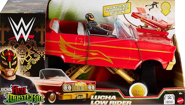 MATTEL WWE ACTION FIGURE & TOY VEHICLE SET, REY MYSTERIO MAIN EVENT FIGURE & LUCHA LOW RIDER CAR WITH LAUNCHING ACTION & HYDRAULICS