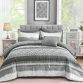 WONGS BEDDING 8 Piece Queen Size Comforter Set, Texture Striped Bed in a Bag Grey Comforter and Sheet Set, Boho Lightweight Microfiber Bedding Set for All Season (90"×90")