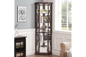 Makaseiya 70" Lighted Corner Curio Cabinet,Inside Mirror Corner Glass Display Case with Tempered Glass Door for Living Room, Antique Collectibles, Wine & Bar Glass Storage, Lights Included