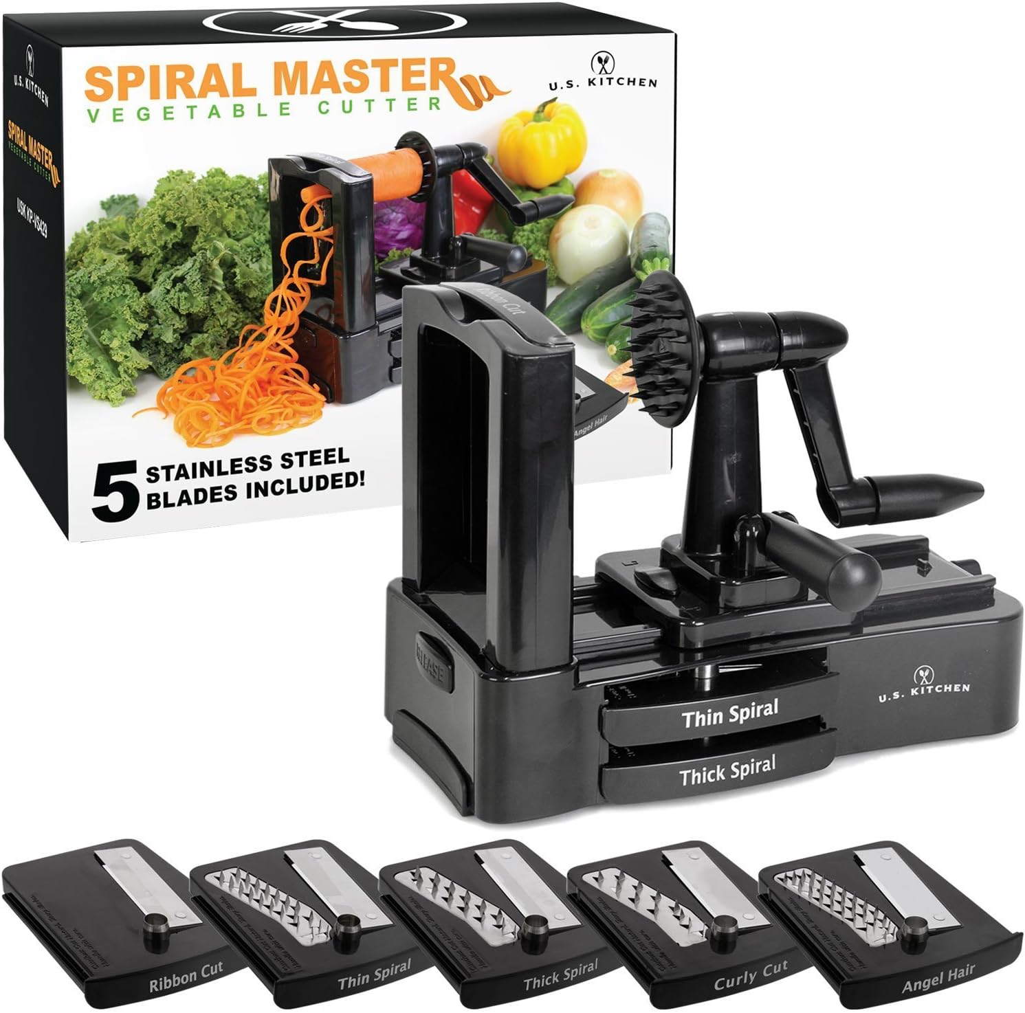 U.S. Kitchen Supply Spiral Master Vegetable Cutter with 5 Versatile Stainless Steel Slicer Blades and Blade Case - Durable, Innovative, Safe - Make Spiral Veggie Pasta, Spaghetti - Cut Fruit