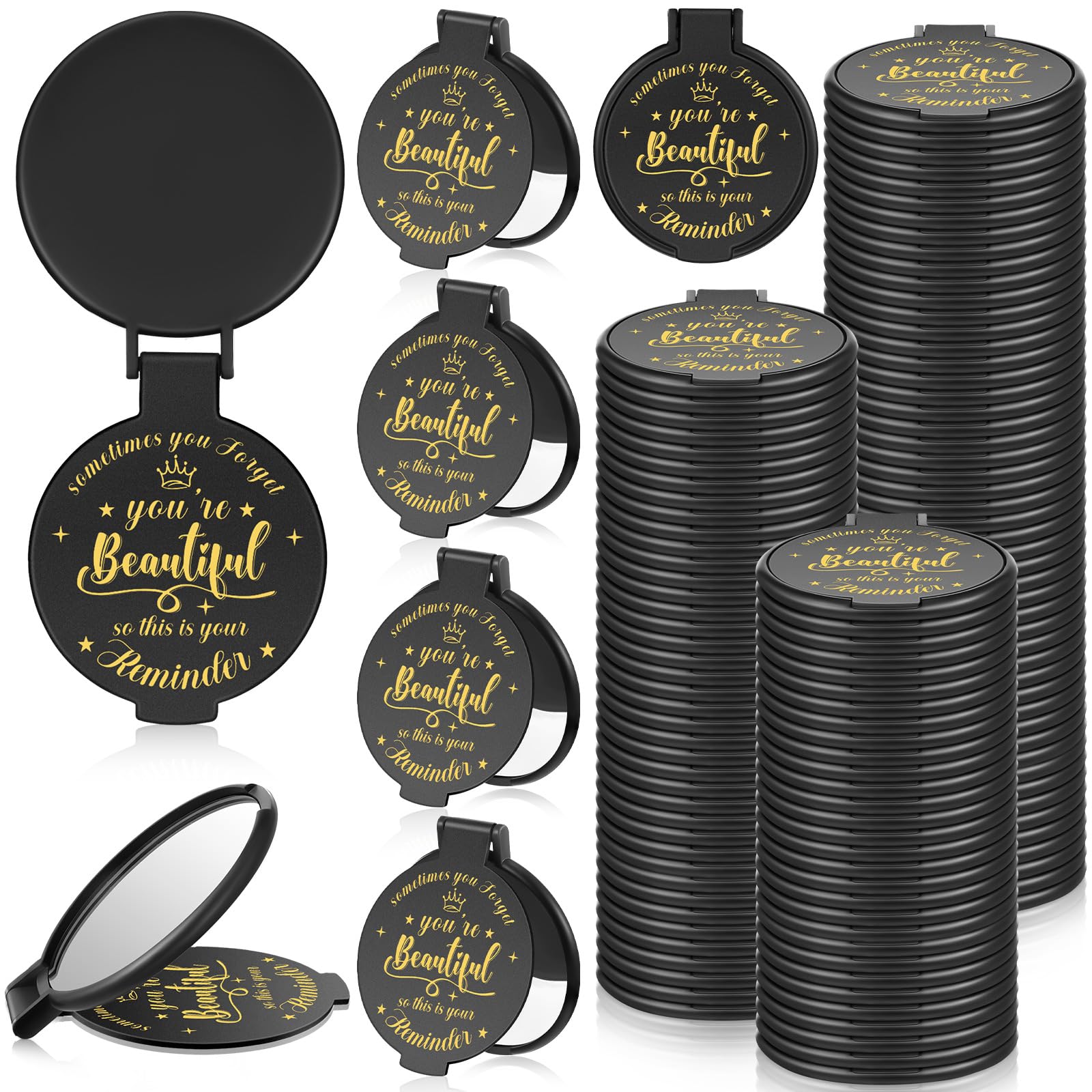 Gulfmew 100 Pcs 2.76 Inch Inspirational Compact Mirror Bulk Women Small Gifts Graduation Party Favors Purse Mirror Pocket Mini Stuffer Items for Adult Coworker Cheerleader Employee (Black)