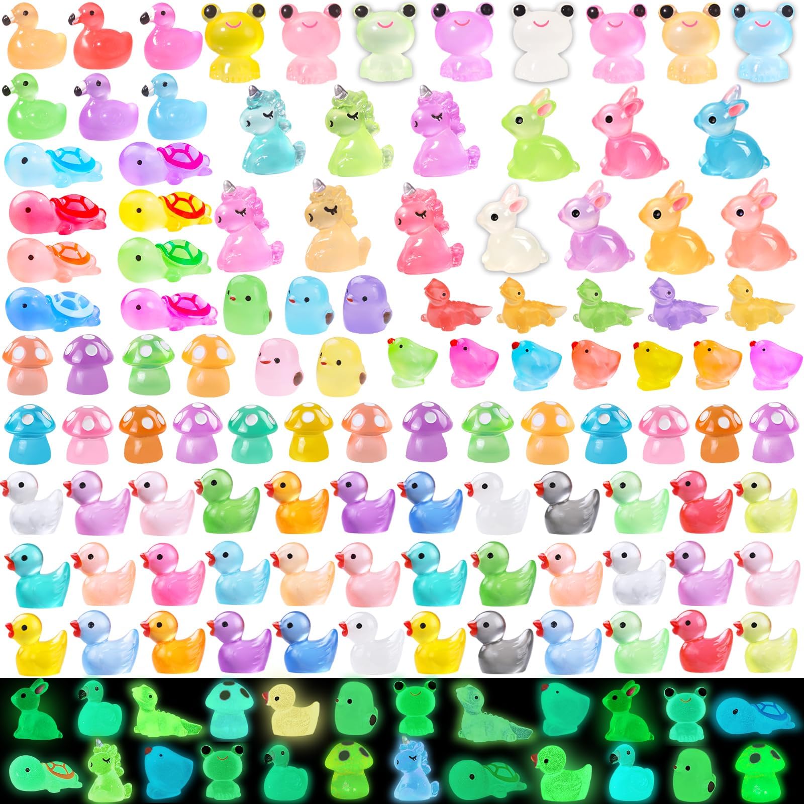 XIMISHOP 113PCS Mini Luminous Resin Animals，Coloful Cute Mini Resin Animals Miniature Tiny Little Small Plastic Animal Figures Glow in the Dark for Micro Landscape Fairy Garden Dollhouse Decor