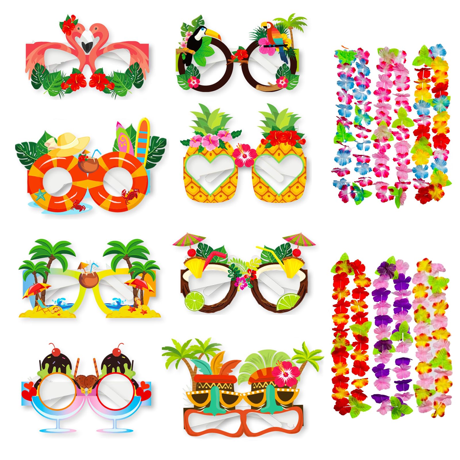 BSITSSS 8 Pieces Funny Hawaiian Glasses and 6 Pieces Hawaiian Garland, Paper Party Novelty Glasses, Hawaiian Funny Eyeglasses, Fancy Party Eyeglasses, Silly Glasses Adults Kids, Luau Party Supplies