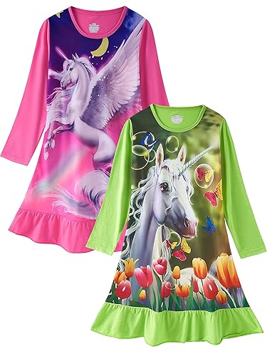 AmberEft Girls Nightgowns Unicorn Long Sleeves Sleepwear Soft Nightgown  Night Dress for Kids Sleep Dress Nightie(Purple Green Unicorn,Medium 4-5