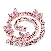 YBMYCM Butterfly Cuban Necklace Crystal Collars Cuban Link Chain Iced Bling Butterfly for Women Men Hip Hop Rapper Jewelry