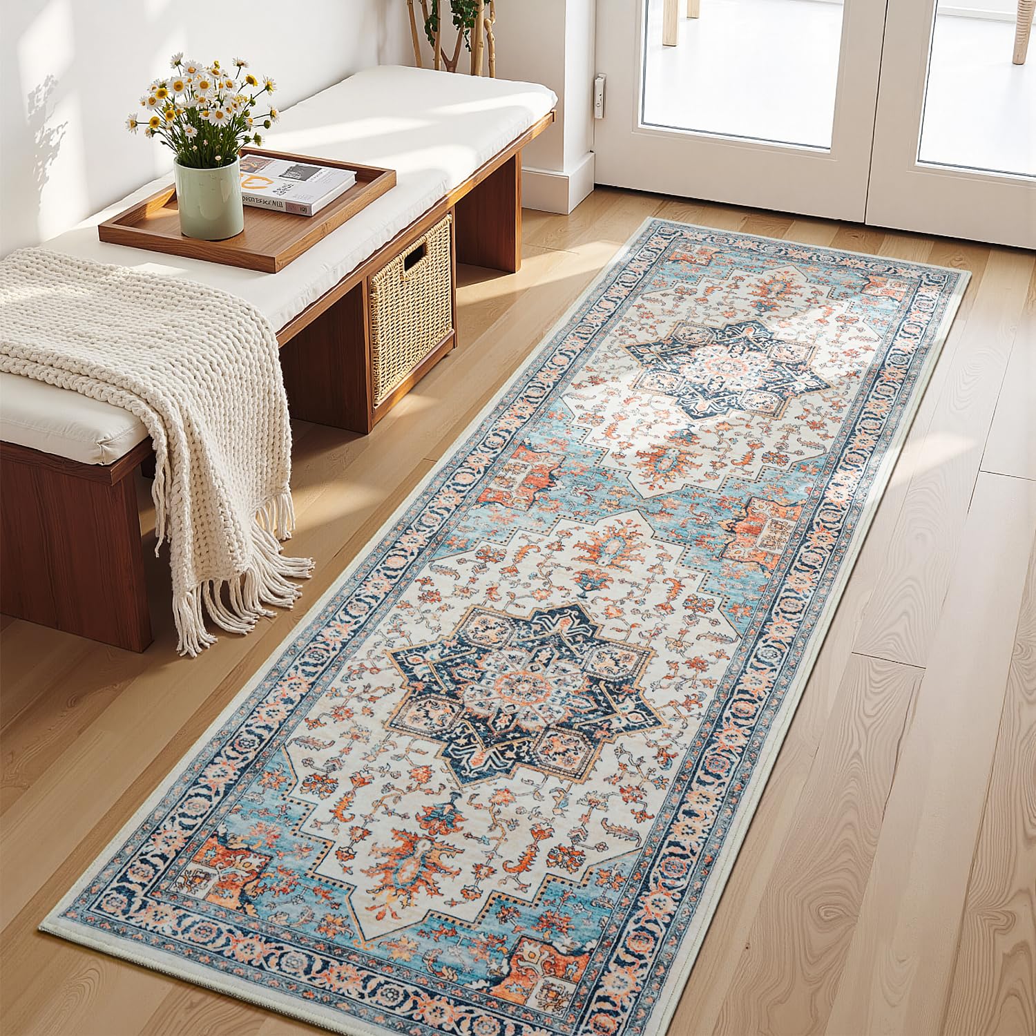 Lessymo Washable 2x6 Runner Rug for Hallway Entryway, Non Slip Kitchen Area Rugs Indoor Mat for Bedroom Bathroom Laundry Farmhouse, Soft Vintage Floor Carpet Stain Resistant Low Pile, Orange/Blue Image