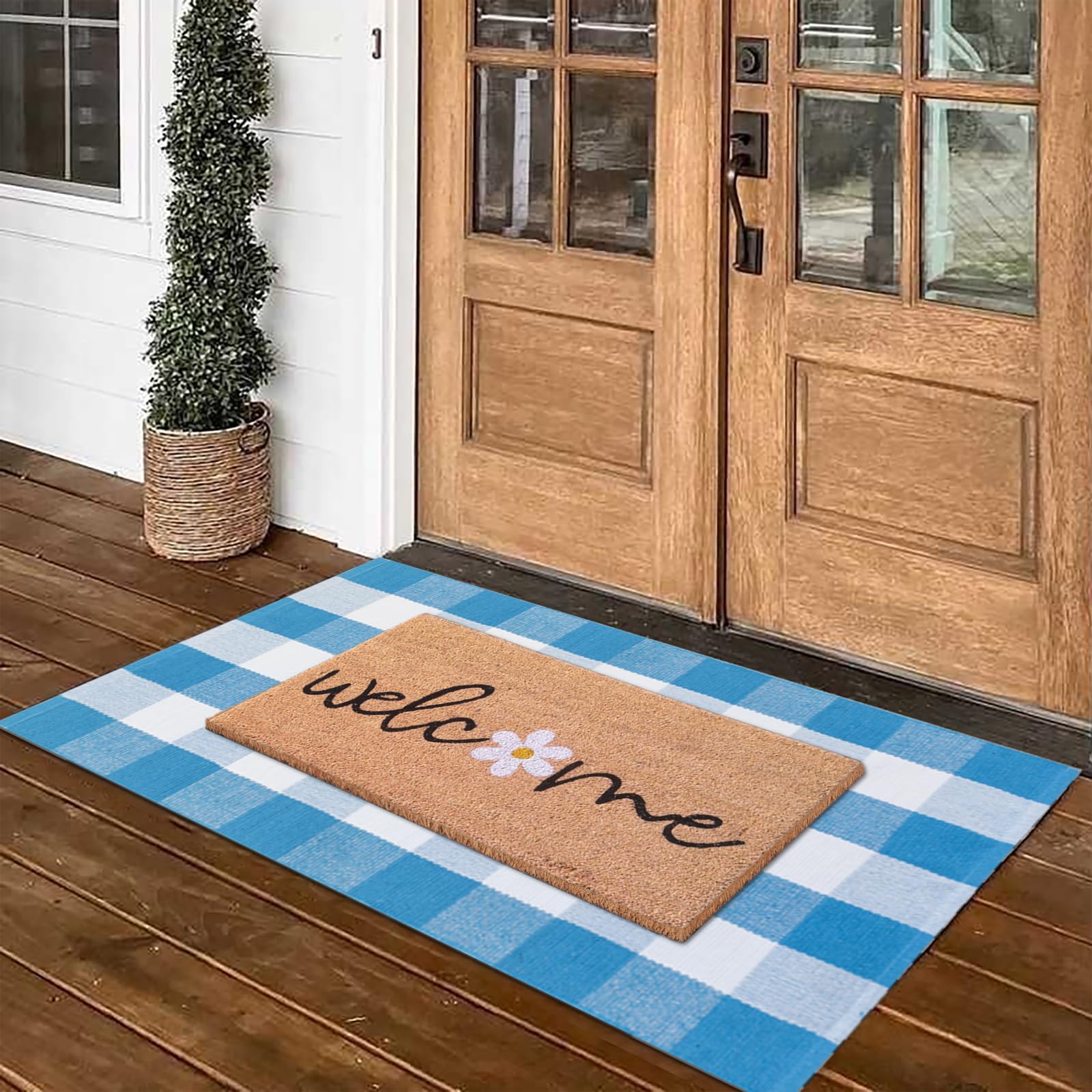 Fallovea Spring Welcome Door Mats Combo Set, 100% Coco Coir Doormat with Welcome & Flower + 28" x 43" Blue and White Plaid Rug, Front Porch Entryway Decor Indoor Outdoor Floor Easter Mats