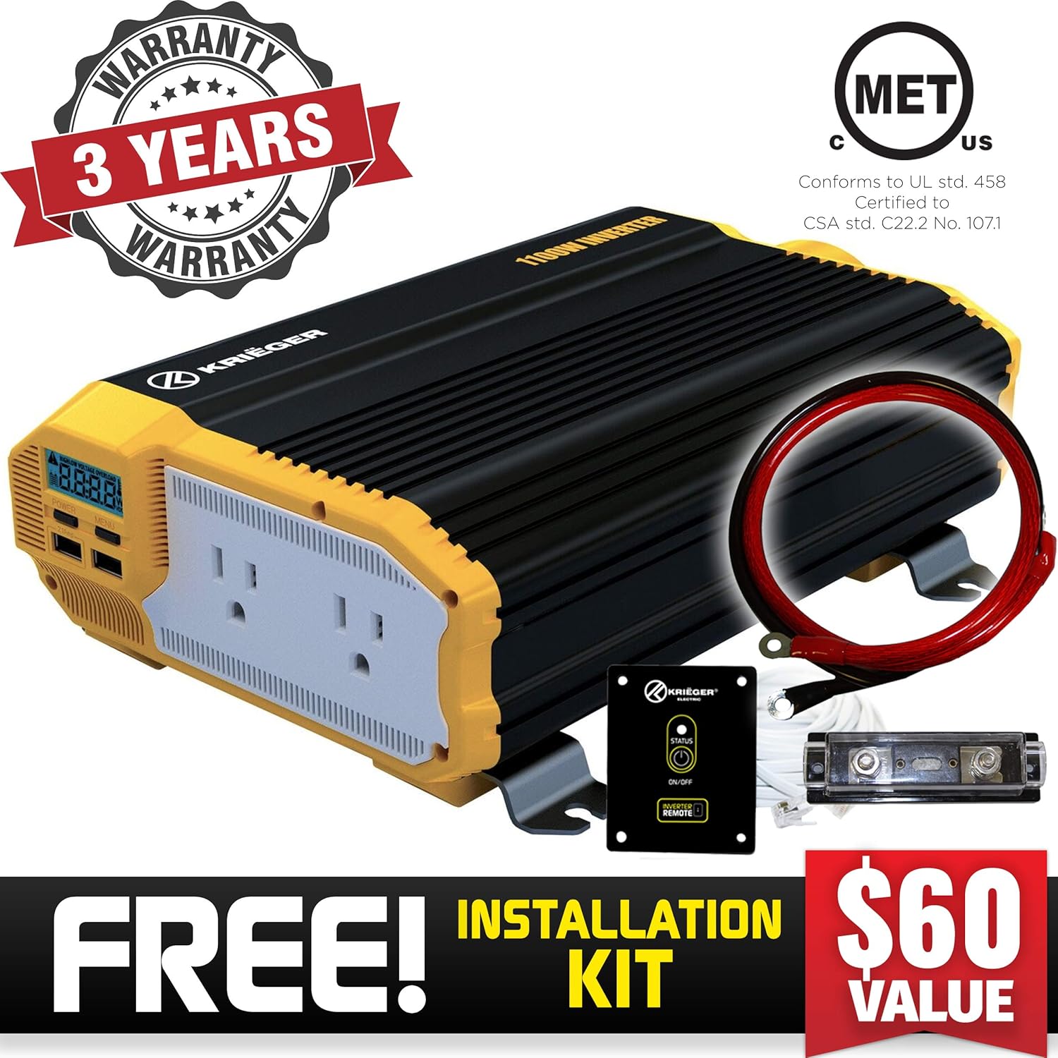 KRIËGER 1100 Watt 12V Power Inverter Dual 110V AC Outlets, Installation Kit Included, Automotive Back Up Power Supply For Blenders, Vacuums, Power Tools MET Approved According to UL and CSA.