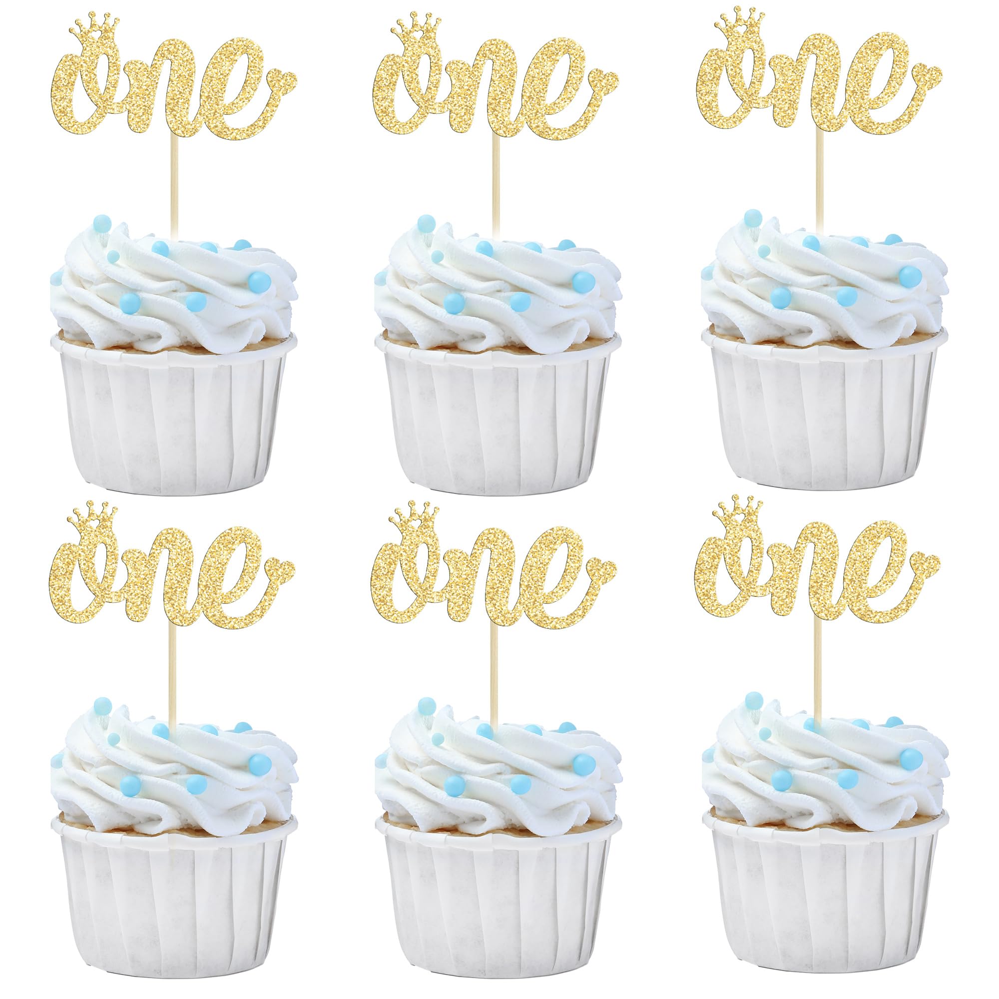 Gyufise 24 Pack One Cupcake Toppers Gold Glitter First Birthday Decorations for Kids Boy Girl First Birthday Party Decoration Supplies