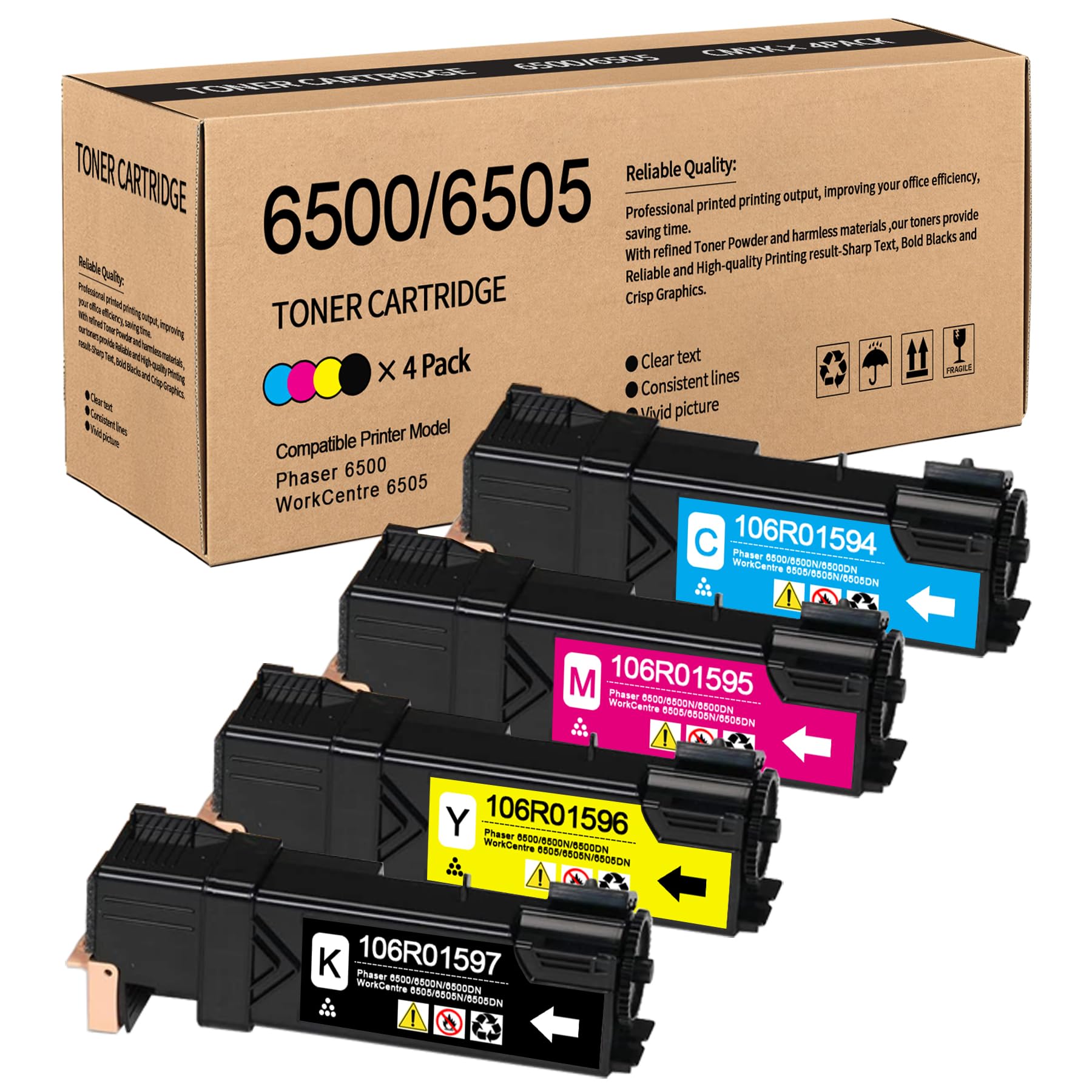 Photo 1 of 6500 6505 High Capacity 4-Color Set Compatible 106R01597 106R01594 106R01595 106R01596 Toner Cartridge Replacement for Xerox Phaser 6500 WorkCentre 6505 Printer Toner (BK/C/M/Y).