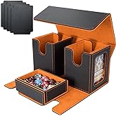 AFIING MTG Commander Deck Box 200 Double Sleeved Cards Storage, 3-in-1 Magnetic Card Case Organizer for Magic: The Gathering TCG CCG, 4 Dividers &amp; 2 Toploaders (Black/Orange)