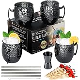 LINALL Moscow Mule Mugs- Set of 4 Gunmetal Black Plated Stainless Steel Mug 18oz, Measuring Cup, Cocktail Picks for Chilled Drinks (4pcs)