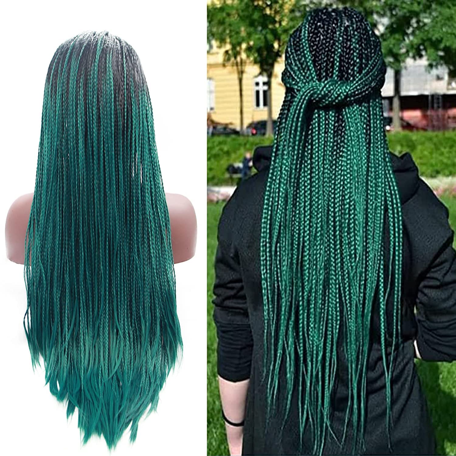 Green Box Braided Wigs for Black Women Long Soft Ombre Black Green Braid Lace Front Wig Full Handmade Natural Synthetic Lightweight Braids Wig Heat Resistant Fiber Hair Cosplay 28 Inch