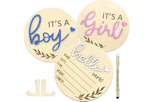AINBIN Baby Announcement Sign, Gender Reveal for Welcome Baby 3PCS Its a Boy/Girl and Hello World Newborn Sign Board Wooden Birth Name Announcement Plaque and Pen for Hospital Shower Party Photo Props