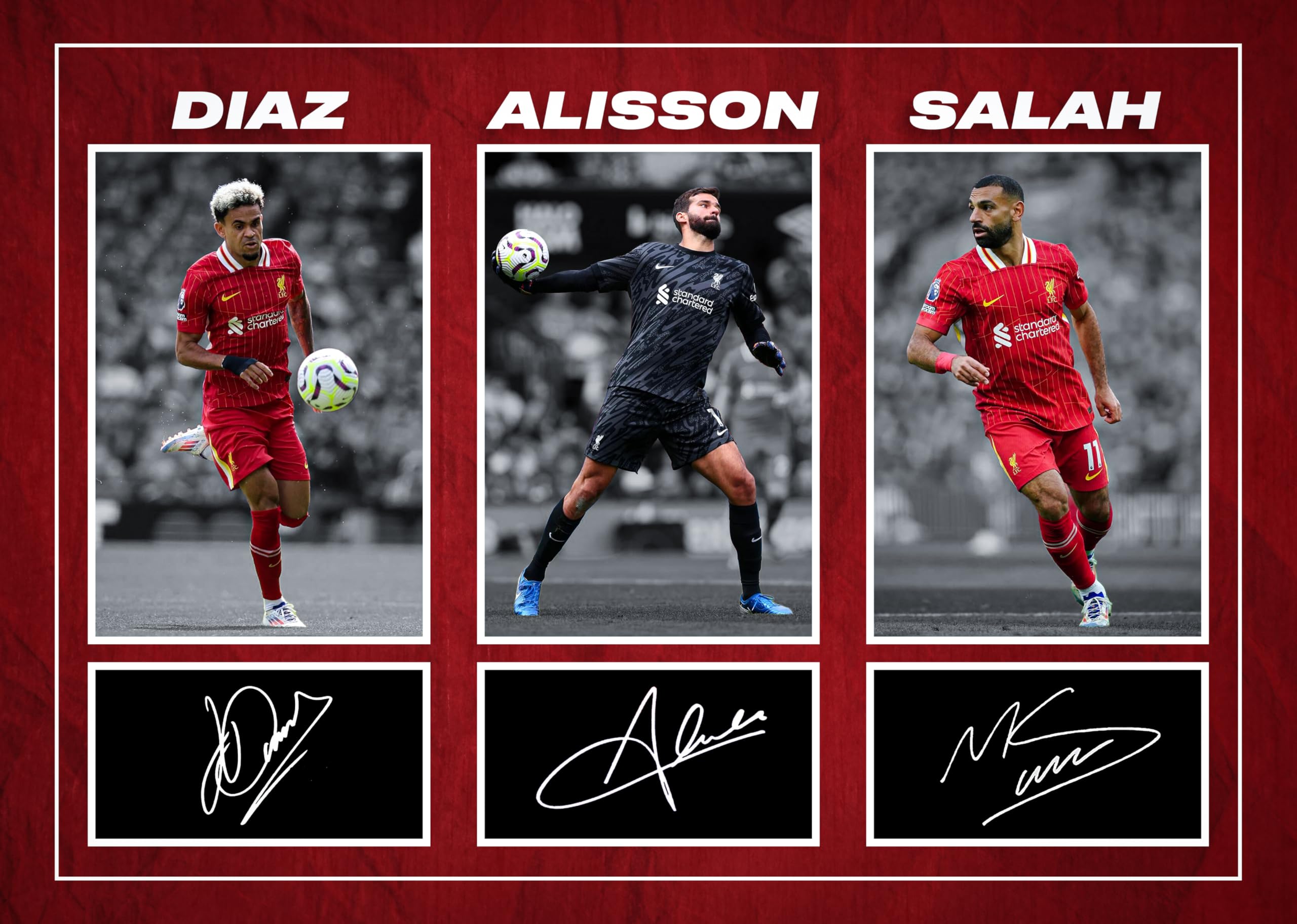 RJR PRINTS Mo Salah, Luis Diaz & Alisson - Liverpool Football Players Signed A4 Montage Autograph Photo Print With Pre Printed Signatures That Would Make A Superb Gift For Any Fan.