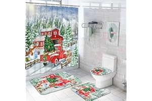 Alishomtll 4 Pcs Christmas Shower Curtain Sets with Non-Slip Rugs, Toilet Lid Cover, Bath Mat and 12 Hooks, Xmas Red Truck Shower Curtain for Christmas Bathroom Decoration Sets