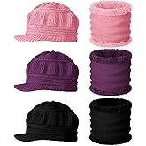 6 Pcs/3 Set Winter Hats with Brim for Women Neck Warmer Set Knit Beanie Hat Soft Warm Neck Scarf Stylish Skull Cap for Women