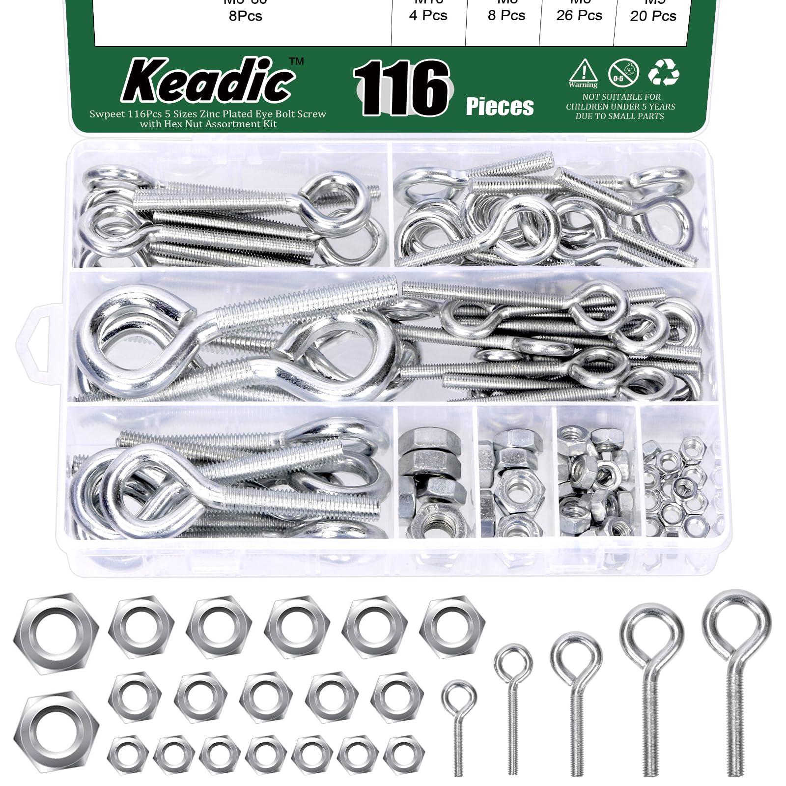 Keadic 58Pcs 6 Sizes Eye Bolt Screw with Nut Assortment M5 M6 M8 M10 Stainless Steel Marine Grade Stainless Steel Lifting Ring Threaded Eyebolts for Hanging Curtains Clotheslines Fencing Boat