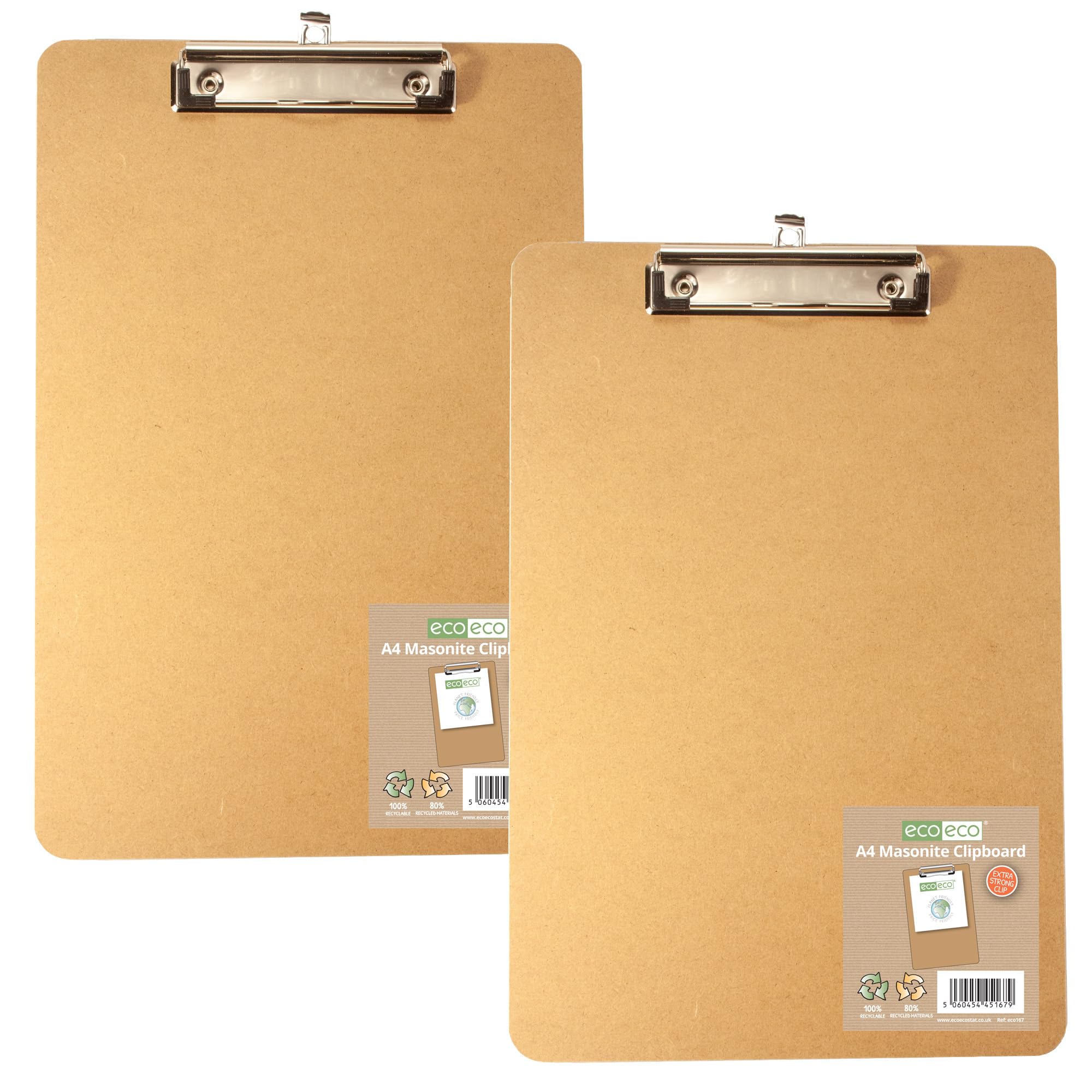 eco-eco A4 Masonite Strong Clipboard with Low Profile Metal Clip, Pack of 2, eco167x2