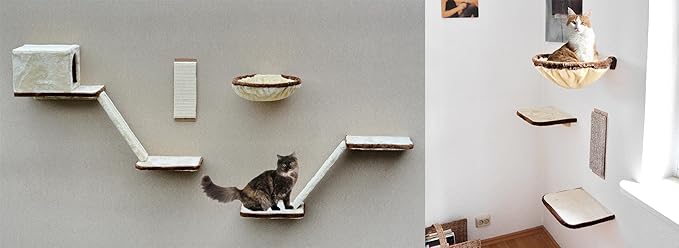 Katzen-Kletterwand 12-teilig mit Treppe, Höhle und Liegeflächen, schöne Katzenwelt in beige, braun,