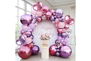 Pink Purple Balloon Garland Arch Kit,164Pcs Metallic Purple Magenta Balloons Pink and Purple Confetti Balloons with Heart Foi