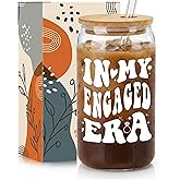 TOJIA Cool Engagement Gifts for Women - Fiance Gift for Women, Future Mrs, Bride to Be Present, 16oz In My Engaged Era Iced Coffee Cup Can Glass with Lid & Straw & Gift Card