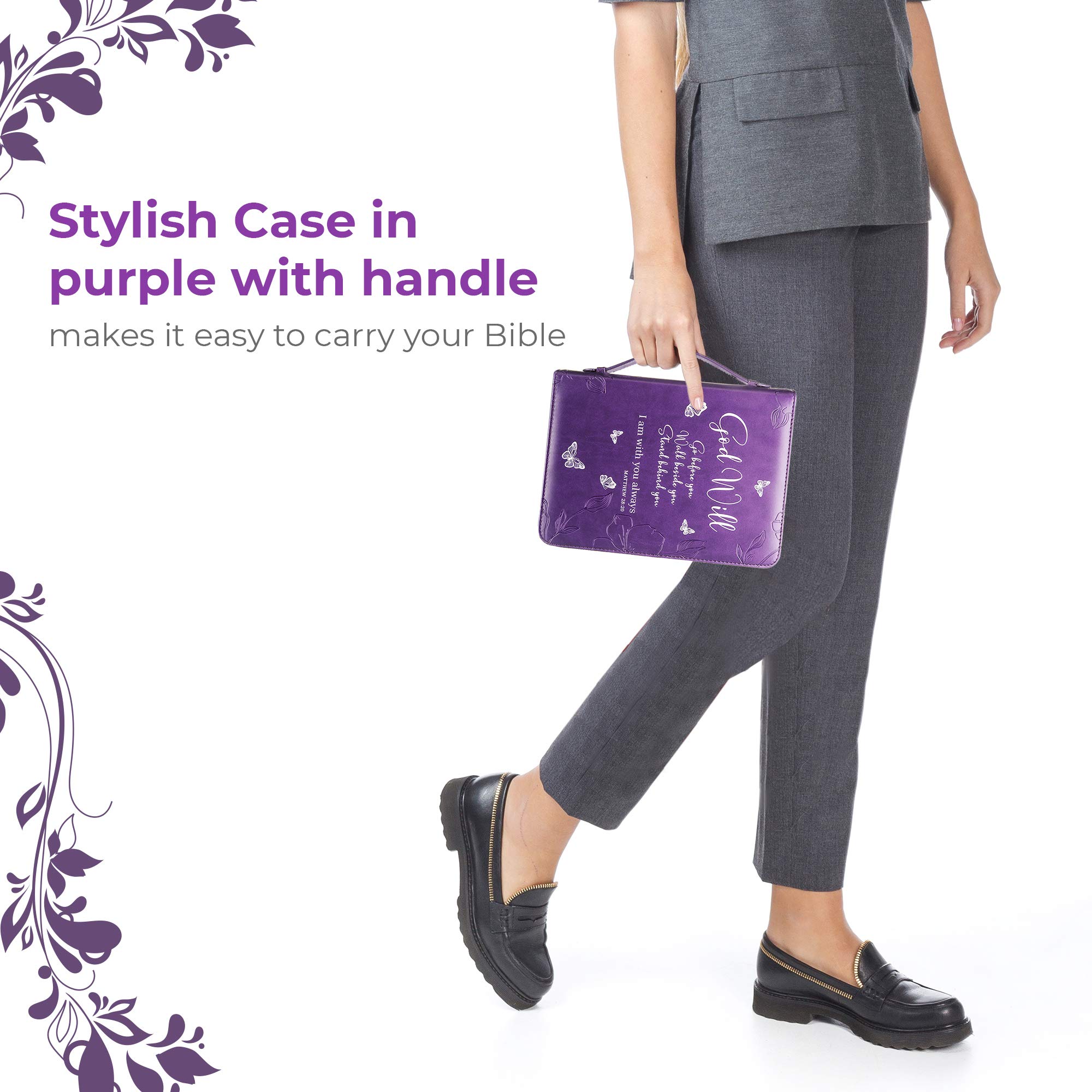 Bible Cover - Book Case in Purple with Butterflies - Blessed - Perfect Christian Gift for Women and Girls - Fits Most Popular Bible Sizes (10 x 7 x 2.5 inches) - Faux PU Leather