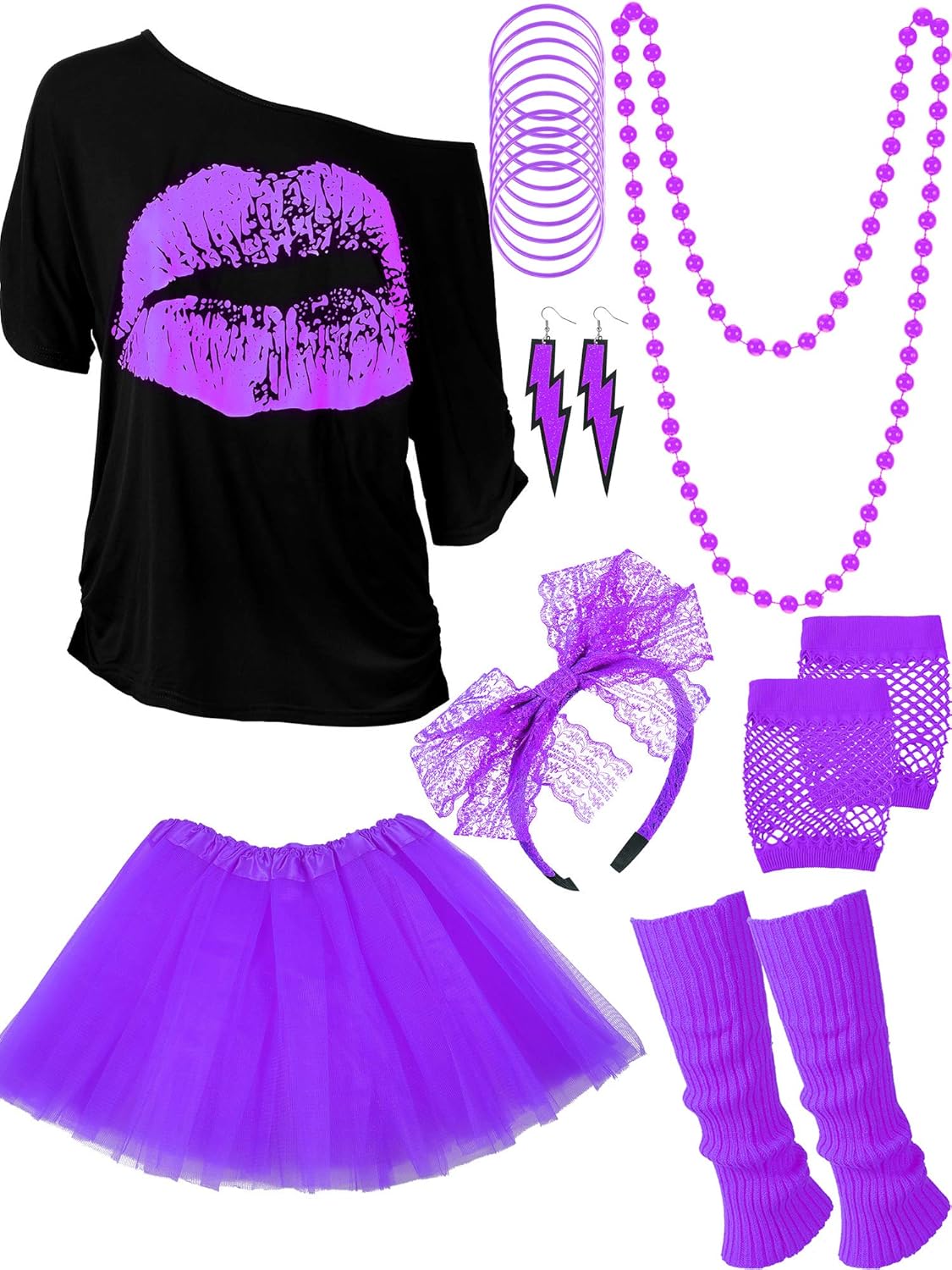 80s Costume Accessories Set T-Shirt Tutu Headband Earring Necklace Leg Warmers: Clothing