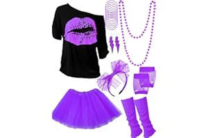 Blulu 80s Outfit Costume Accessories for Women Neon T Shirt Tutu Skirt for Party