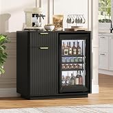 Vabches Mini Fridge Cabinet, Coffee Bar Cabinet with Fridge Space, Black | Liquor Cabinets with Wine Storage, Glass Holders, Drawer&amp; &amp; Power Outlet, Home Bar for Dining Room, Kitchen, Living Room