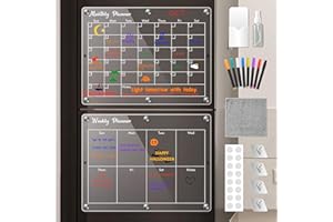 DANONI Acrylic Magnetic Calendar for Fridge and Wall, 16”x12” Monthly and Weekly Dry Erase Board with 8 Markers and Free Accessories (2 Pack)