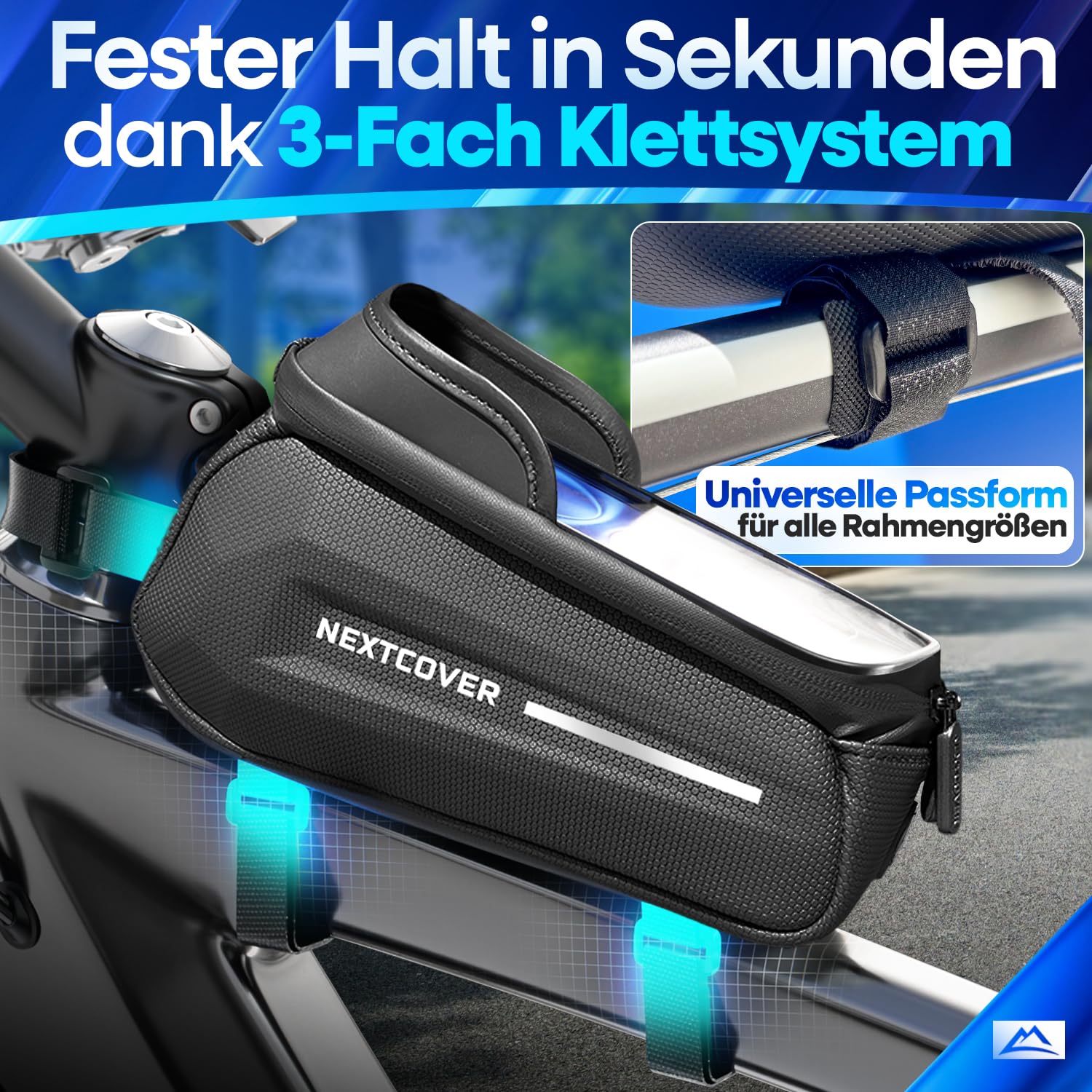 Nextcover® Rahmentasche Fahrrad mit Handytasche I Fahrrad Rahmentasche mit Touchscreen I Fahrradtasche Rahmen Wasserdicht, Oberrohrtasche Bikepacking - Ideal für E-Bike, MTB, Gravelbike, Rennrad 3