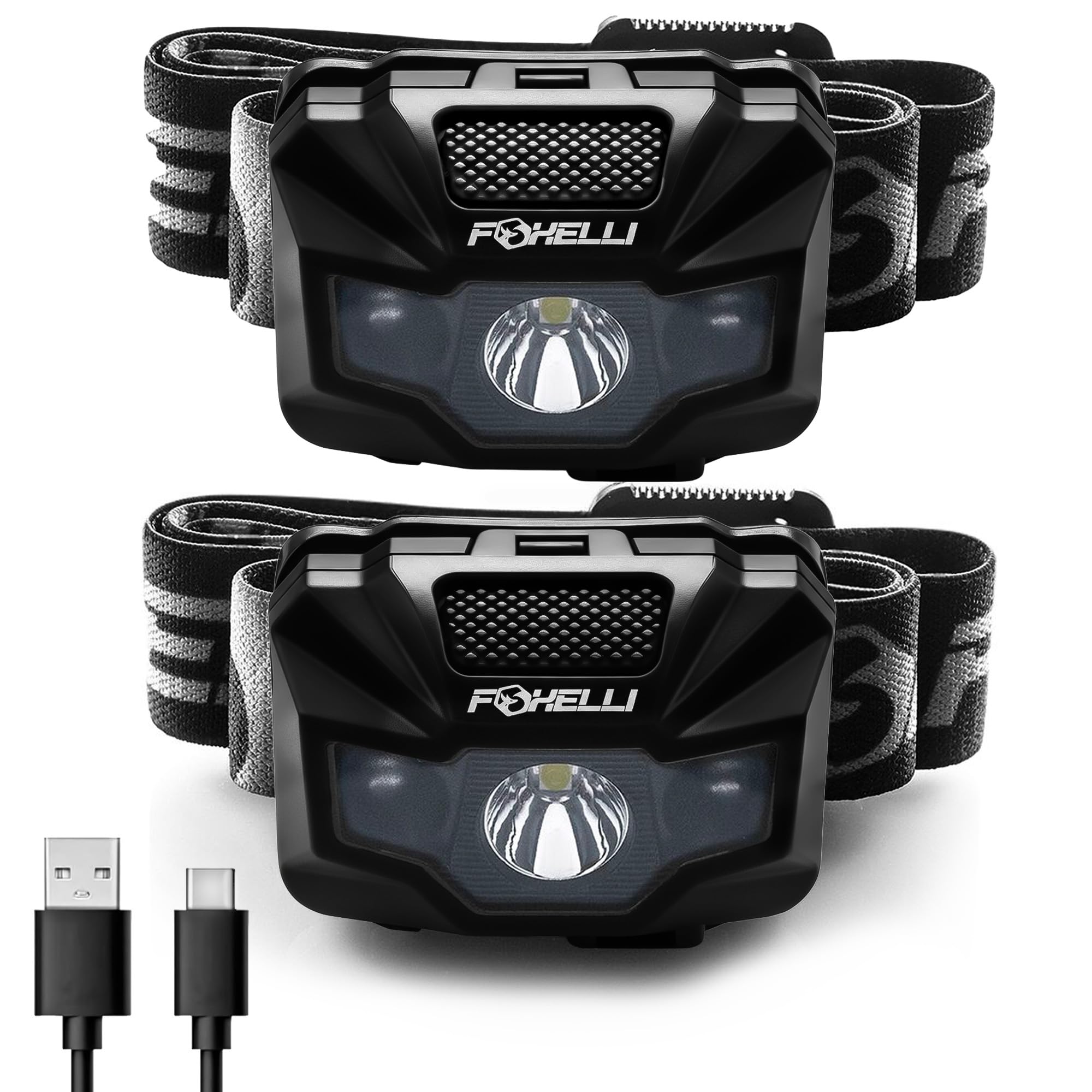 Foxelli LED Head Torch Rechargeable [2-Pack] – Ultralight USB Rechargeable Headtorch for Adults & Kids, Waterproof Headlamp with Red Light for Running, Camping, Fishing & Outdoors
