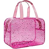 Junesters Clear Red Star Large Makeup Bag with Star Pattern 12x5x8 inch, Travel Cosmetic Bag with Handle, Durable PVC Material Washbag Zipper Opening Design for Makeup Travel Organizer or Gym Use