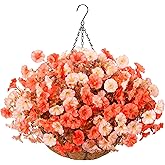 Artificial Fall Flowers Fake Hanging Plants Flowers Basket for Outdoors Autumn Decoration, Silk Morning Glory with Eucalyptus Look Real UV Resistant Faux Flowers for Outside Porch Patio Balcony, Mix