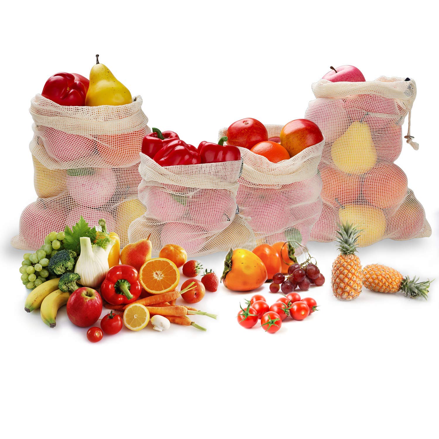 Reusable Produce Bags,Eco Friendly Biodegradable Natural Cotton Mesh Grocery Bag Washable Muslin Vegetable Bags Fruit Double Stitched Seams